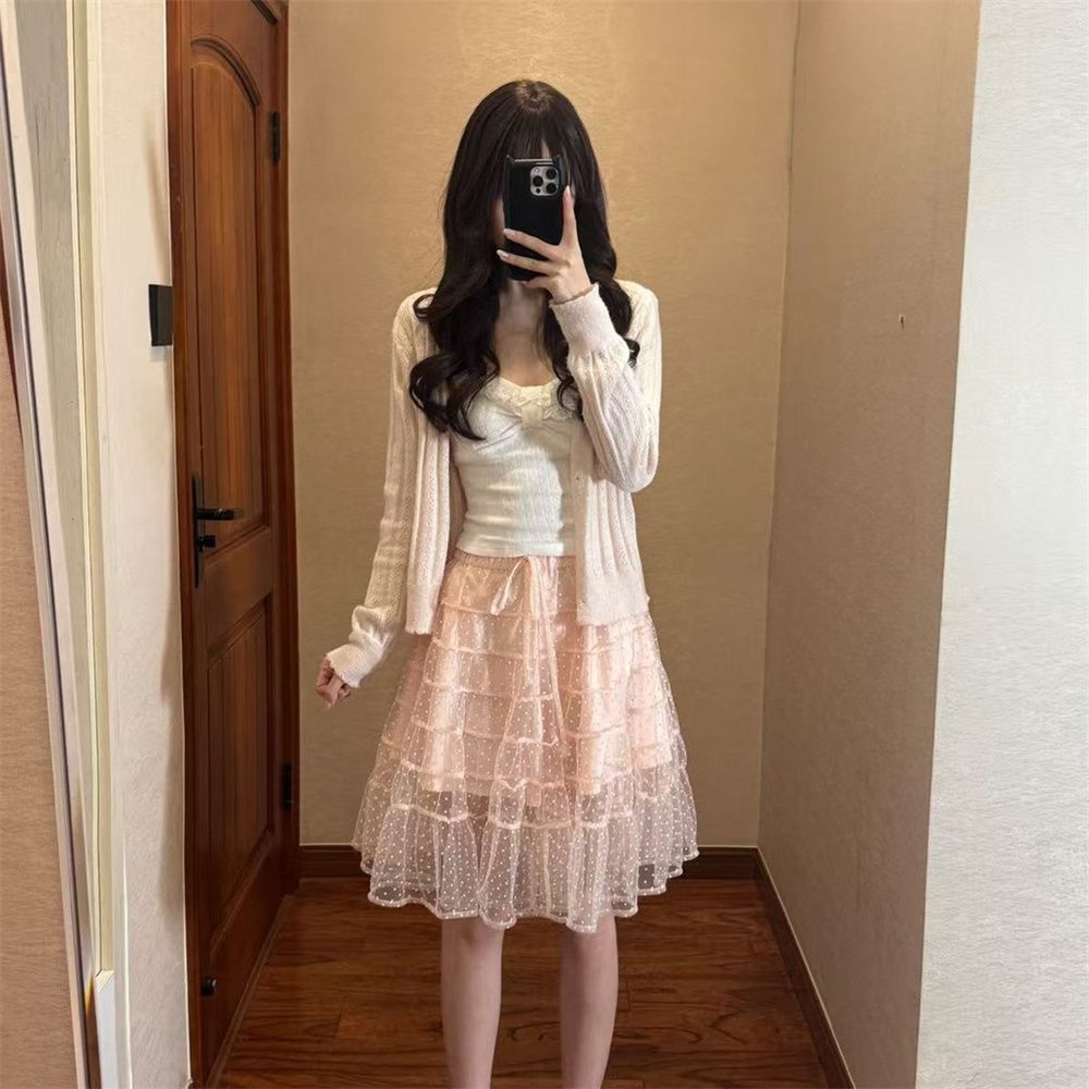Longline Cardigan Knit - 프랑스 스타일 달콤한 레이스 트리밍 캐미솔