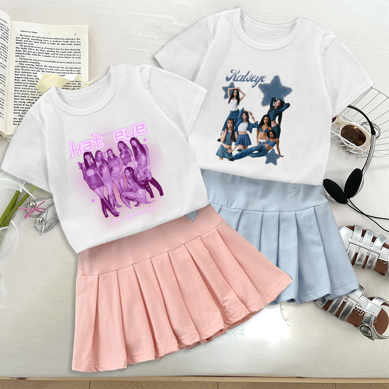 Women'S Fashion Kilt - 패션 K-POP K-캣아이 티셔츠 플리츠 스커트