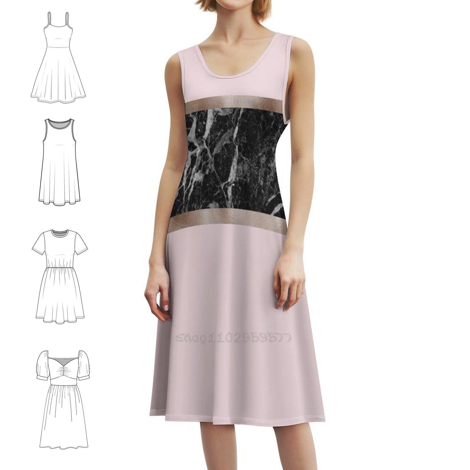 Women Fashion Gown - 딸기와 크림-블랙 마블 & 로즈 골드
