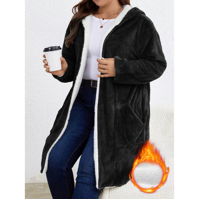 Longline Cardigan Knit - 플러스 사이즈 여성용 퍼지 플리스 후드