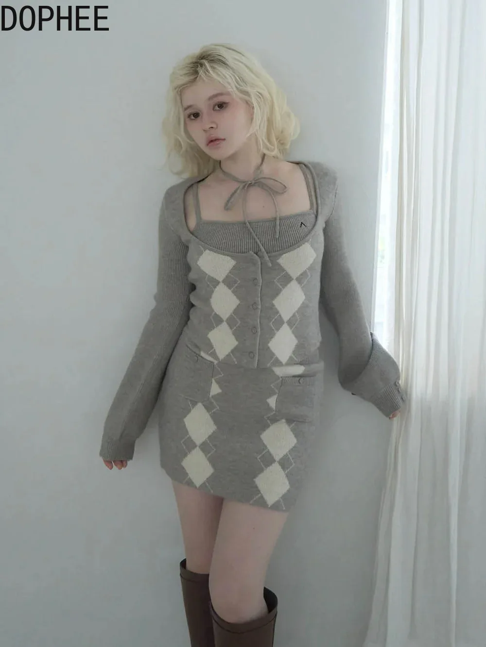 Longline Cardigan Knit - 일본 신상 우아한 여성 3피스 세트