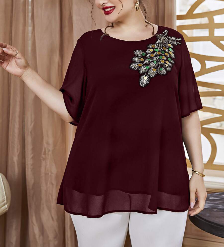 플러스 사이즈 여성용 자수 공작새 탑, 반팔 쉬폰 블라 - Women'S Fashion Jersey 리뷰 및 가격