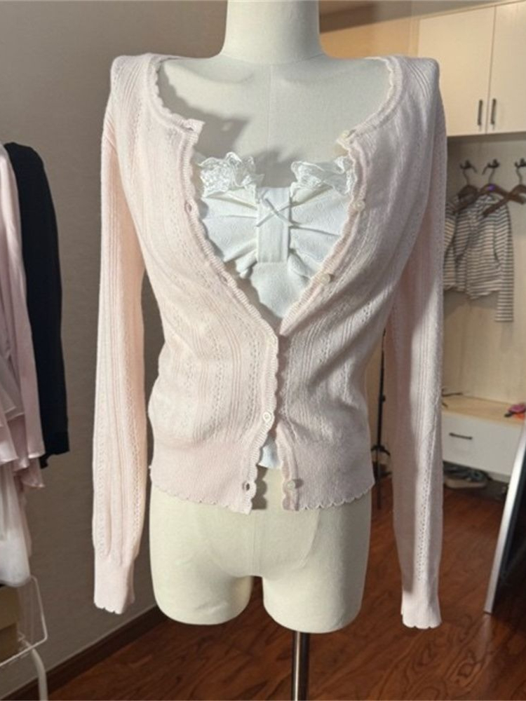 한국 패션 슬림핏 화이트 레이스 리본 롱 러플 슬리브  - Longline Cardigan Knit 리뷰 및 가격